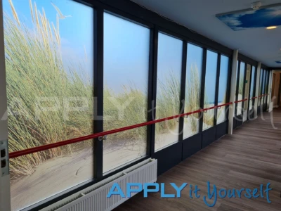 Bespoke frosted window film with beach, dunes, grasses, giving privacy and block view, outside, AR02