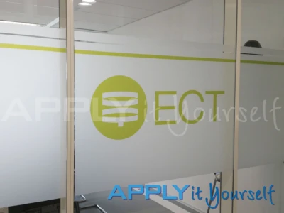 Custom printed frosted window film, with corporate logo, front, AR02