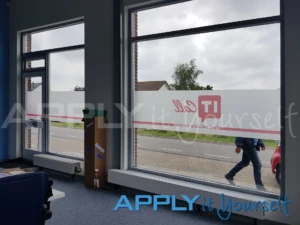 Custom printed frosted window film with logo and branding, giving partial privacy and block view, AR02