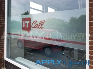 Custom printed frosted window film with logo and branding, giving partial privacy and block view, outside view, AR02