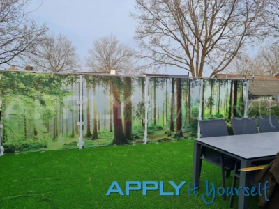 Custom printed frosted window film, with forest, trees, grass, balcony, AR02