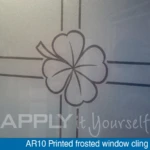 frosted window cling, AR10, custom design, close-up, backside, looking through the glass