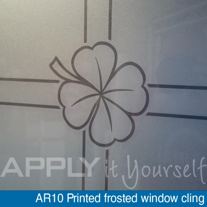 frosted window cling, AR10, custom design, close-up, backside, looking through the glass