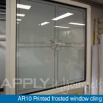 frosted window cling, AR10, custom design, backside, looking through the glass