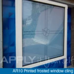 frosted window cling, AR10, custom design, back-side, with printed custom design, looking through the glass
