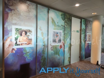 printed frosted window film, large, color design, across multiple glass panels, office, AR02