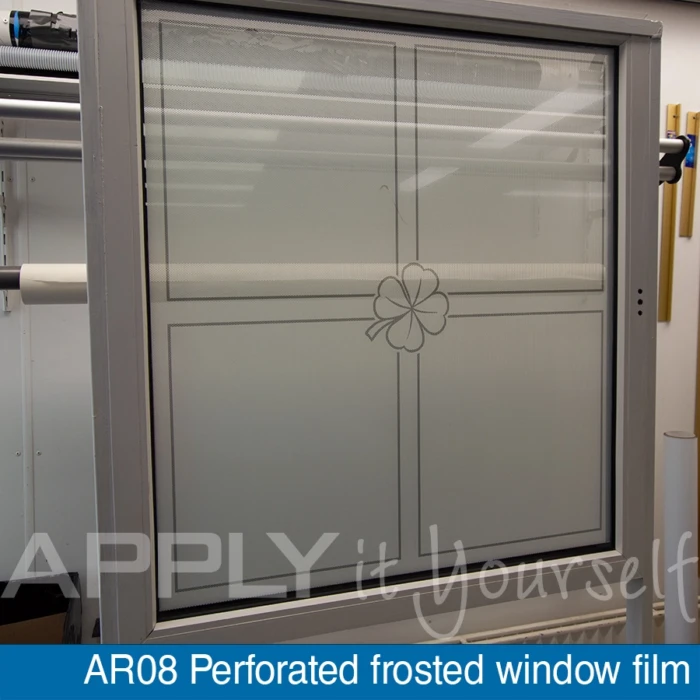 Perforated frosted window film with a custom printed design, front-side