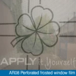 Perforated frosted window film with a custom printed design, AR08, front-side, close-up