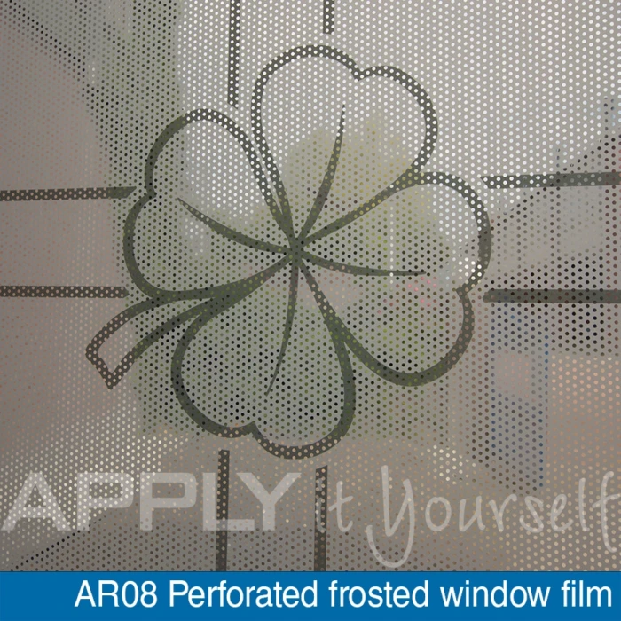 Perforated frosted window film with a custom printed design, AR08, front-side, close-up