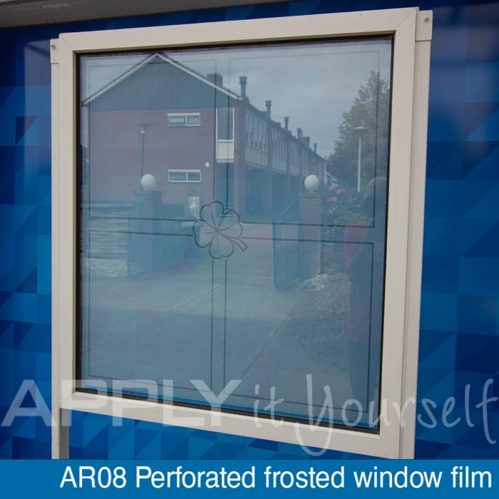 Perforated frosted window film with a custom printed design, AR08, back-side, outside
