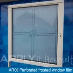 Perforated frosted window film with a custom printed design, front-side, outside