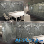 Perforated frosted window film, AR08, with printed design, abstract black lines, large windows, office windows, office