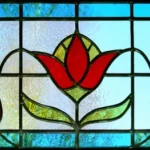 blue stained glass window film, multiple tulips, multiple flowers, blue glass