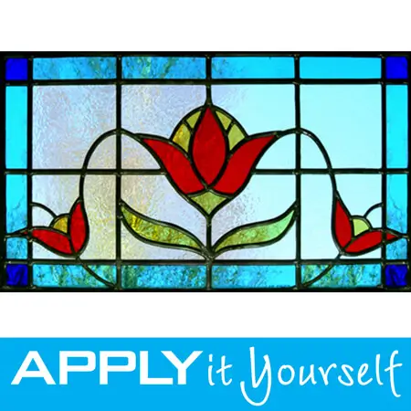 blue stained glass window film, multiple tulips, multiple flowers, blue glass