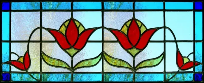 blue stained glass window film, multiple tulips, multiple flowers, blue glass, wide version