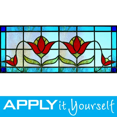 blue stained glass window film, multiple tulips, multiple flowers, blue glass, wide version