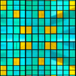 Modern stained glass window film, blue, green, yellow, large