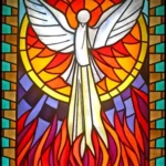 religious stained glass window film, dove, fire, sun, border