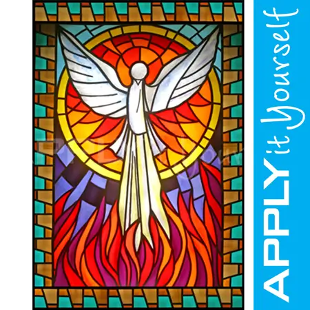 religious stained glass window film, dove, fire, sun, border, APPLYitYourself