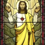 religious stained glass window film, modern, jesus, cross, heart, sun, ray-of-light, yellow