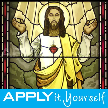 religious stained glass window film, modern, jesus, cross, heart, sun, ray-of-light, yellow, APPLYitYourself