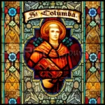 religious stained glass window film, saint Columba, medieval, vintage