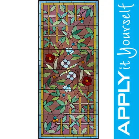 vintage stained glass window film, leaves, flowers, border, tall, 004, APPLYitYourself