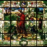 vintage stained glass window film, worn, the pied piper of Hamelin