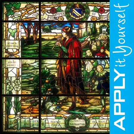 vintage stained glass window film, worn, the pied piper of Hamelin, APPLYitYourself