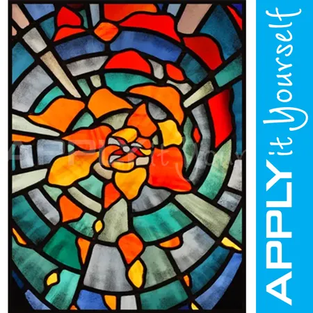 abstract, stained glass window film, modern, red glass, orange glass, green glass, blue glass, APPLYitYourself