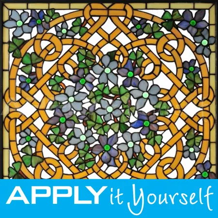 stained glass window film, border, blue, purple, yellow, orange, flowers, leaves