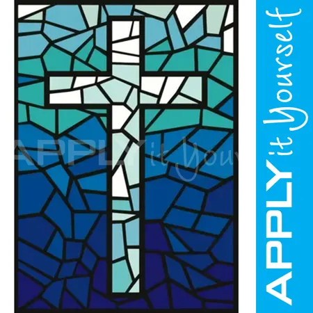 religious, stained glass window film, cross, blue glass