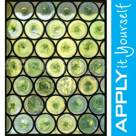 stained glass window film, modern, round bottles, green glass, APPLYitYourself