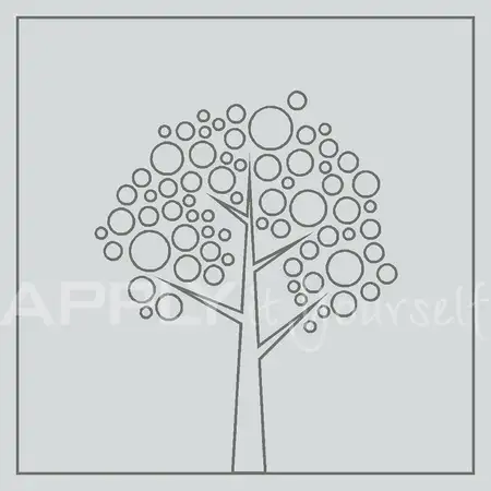 custom, frosted window film, with border, and a tree with circles, line drawing